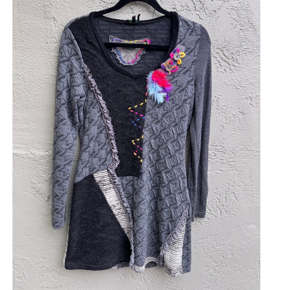 Tricotto Patchwork Abstract Artsy Tunic Boho Dress Geometric Feather